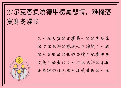 沙尔克客负添德甲榜尾悲情，难掩落寞寒冬漫长