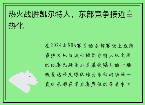 热火战胜凯尔特人，东部竞争接近白热化