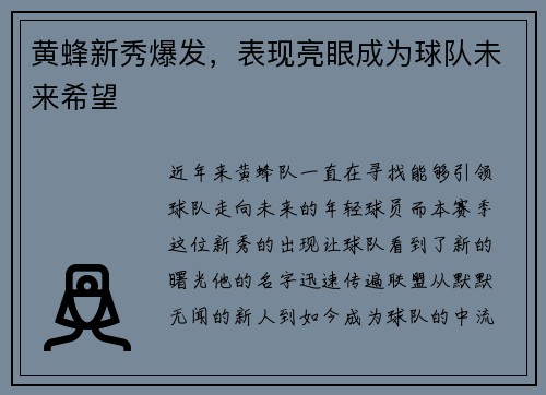 黄蜂新秀爆发，表现亮眼成为球队未来希望